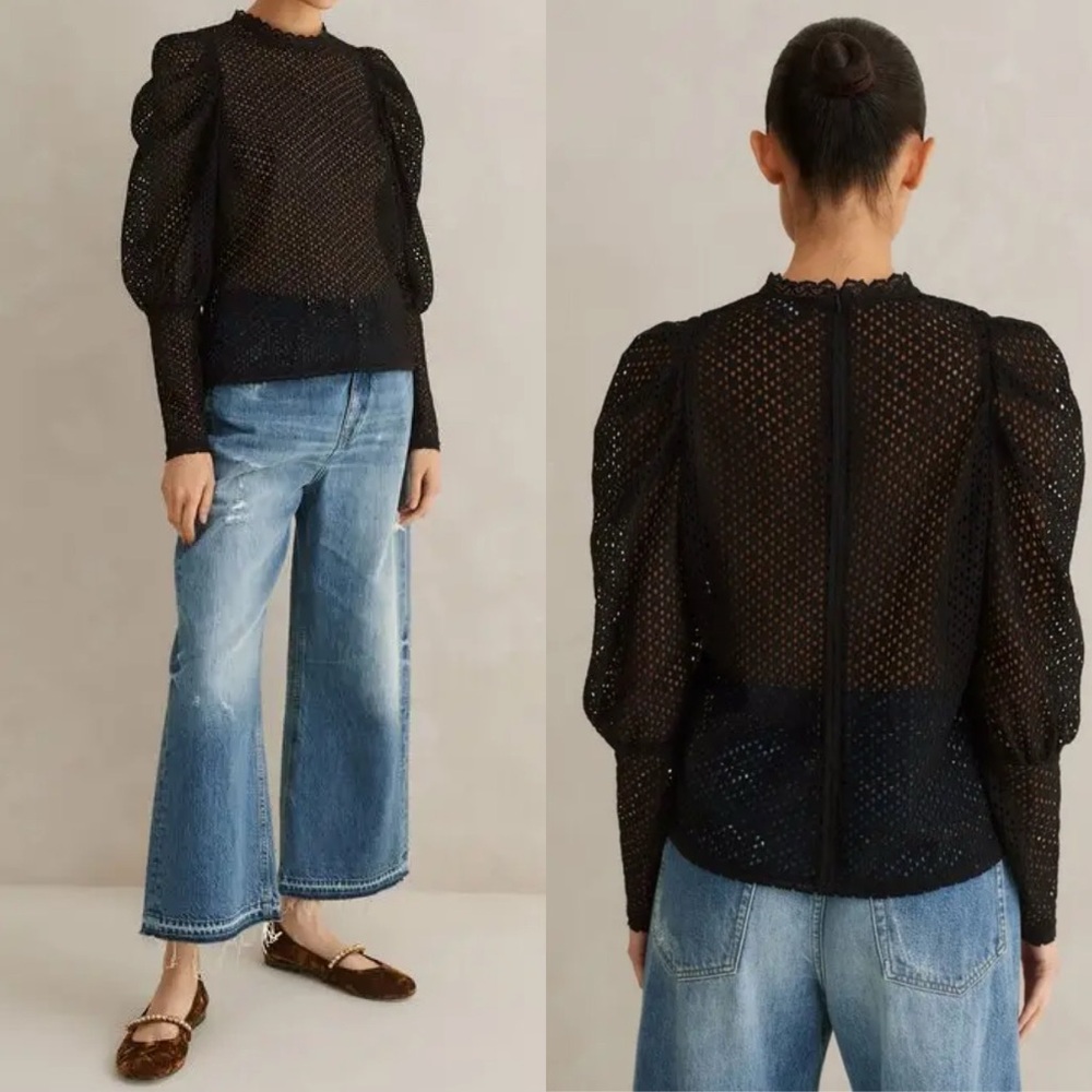 ME+EM  Lace Statement Sleeve Top Sheer Black Size US 6 NWT $299